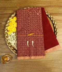 Burgundy Devi Consecrated Cotton Saree with Peacock Pattern