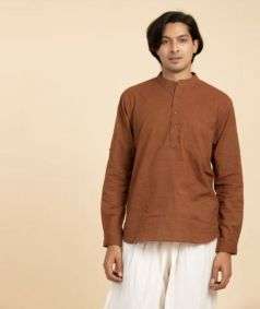 Brick Natural Dye Handwoven Cotton Long Sleeve Kurta for Men