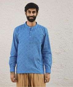 Blue Khari Print Organic Cotton Long Sleeve Kurta for Men