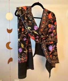 100% Wool Embroidered Shawl Black