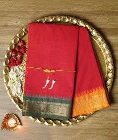Dark Red Devi Consecrated Cotton Saree with Green and Orange Border