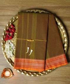 Brown Devi Consecrated Cotton Saree with Red Border