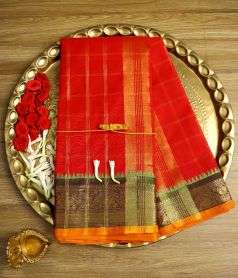 Red Devi Consecrated Cotton Saree with Golden Plaid Pattern