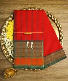 Red Devi Consecrated Cotton Saree with Brown Border