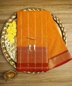Deep Yellow Devi Consecrated Cotton Saree with Burgundy Border