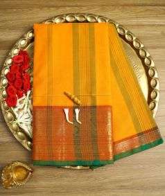 Yellow Devi Consecrated Cotton Saree with Green Stripes