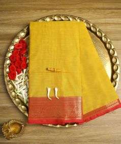 Yellow Devi Consecrated Cotton Saree with Red Ornamental Border