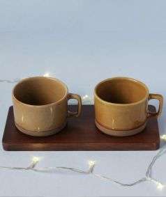 Wide Ceramic Mugs with Wooden Coaster