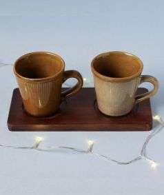 Ribbed Ceramic Mugs with Wooden Coaster