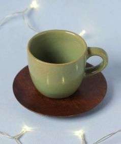 Green Ceramic Mug with Wooden Coaster