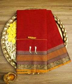 Red Devi Consecrated Cotton Saree with Purple Border