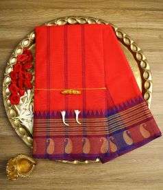 Red Devi Consecrated Cotton Saree with Golden Purple Border