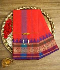 Red Devi Consecrated Cotton Saree with Purple and Golden Peacocks